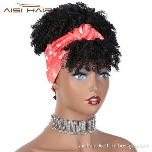 Aisi Hair Fluffy Drawstring Heat Resistant Rainbow Headband Kinky Curly Fringe Colorful Fibre Hair Cheap African Synthetic Wig